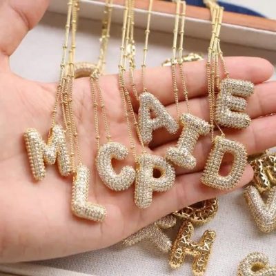SWIMLANCE Bubble Letter Necklace Gold, A-Z Balloon Initial Necklaces Rhinestone Puff Letter Pendant Chunky Alphabet Necklace for Women