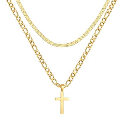 SWIMLANCE Layered Gold Cross Necklace for Men Boys, Stainless Steel Figaro Herringbone Layering Chain Cross Pendent Necklaces Set, Christian Religious Jewelry Gifts