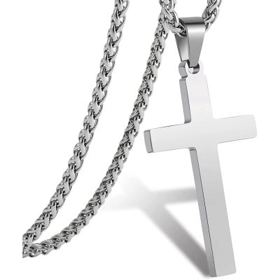 SWIMLANCE Cross Necklace for Men Boys Stainless Steel Cross Pendant Chain , First Communion Confirmation Jewelry, Religious Gift (Silver)