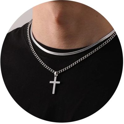 SWIMLANCE Cross Necklace for Men Boys Stainless Steel Layered Cuban Link Herringbone Chain Cross Pendant Religious Fashion Jewelry Gifts 16-24 Inches