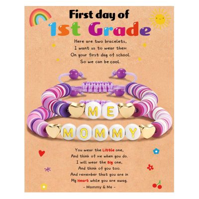 SWIMLANCE First Day of School Bracelet Mommy and Me Back to School Kindergarten Pre-K 1st Grade 2nd Grade Gifts Cross Purple Bracelet Set for Daughter Girls from Mom Mother Mama Matching Jewelry Gift
