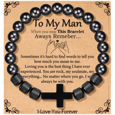 SWIMLANCE Black Cross Bracelets for Men Father Dad Grandpa Brother Obsidian Beads Bracelet Birthday Father's Day Anniversary Christmas Catholic Christian Religious Jewelry Gifts for Men Teen Boys