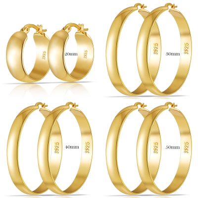 4 Pairs Big Large Extra Chunky 14k Gold Plated Sterling Silver Hoops Earrings for Women,7mm Thick Gold Hoop Earrings Set 20/30/40/50MM Wife Girlfriend Valentine's Day Birthday Christmas Jewelry Gift