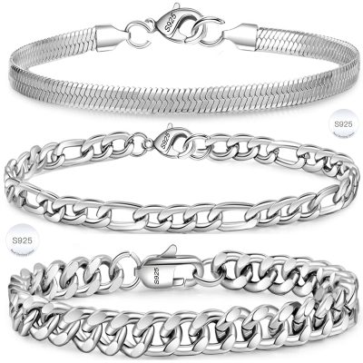 SWIMLANCE 3 Pcs Sterling Silver Bracelets for Men Women Boys Kid,Silver Charm Bracelet Cuban Link Curb Figaro Herringbone Chain Bracelets Set Jewelry Men Boyfirend Gift 6.5/7/7.5/8.3/9 Inches Chain