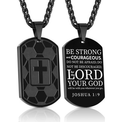 SWIMLANCE Soccer Black Dog Tag Cross Necklaces for Men Teen Boys Son Boyfriend Bible Pendant Cross Stainless Steel Men Necklace 1st Communion Confirmation Religious Christian Jewelry Gift 24 In Chain