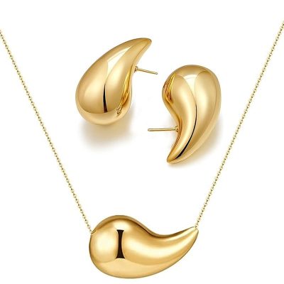 SWIMLANCE Gold Drop Necklace and Gold Chunky Hoop earrings for Women Girl Dainty Lightweight Dupes Teardrop Waterdrop Set Birthday Christmas Valentine's Day Mother's Day Gift Jewelry Set for Women