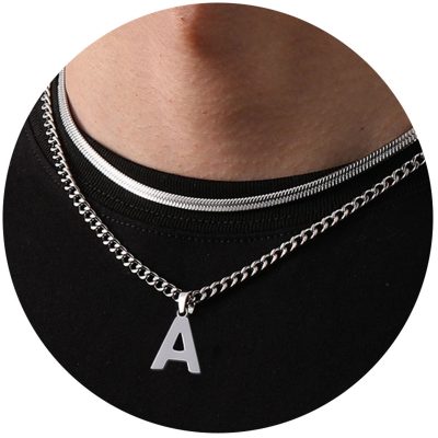 SWIMLANCE 2pcs Boys Men Chain Necklaces,18 Inch Herringbone Link Chain and 20 Inch Cuba Link Chain,Silver A-Z Initial Necklace,Layered Stainless Steel Letter Pendant Necklace Jewelry Gift for Men Boys