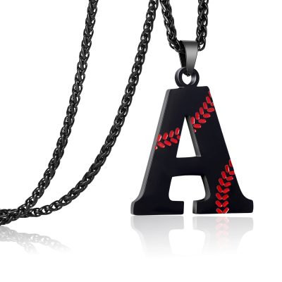 Baseball Initial Necklace for Boys Men Stainless Steel Baseball Letter Pendant Chain Personalized Baseball Gift for Men Boys(Black)