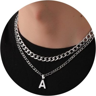 SWIMLANCE Silver Initial Letter A-Z Pendant Necklace for Men Boys Layered Figaro Twist Rope Stainless Steel Personalized Chain Necklace Jewelry Christmas Valentine's Day Birthday Gift for Men Boys