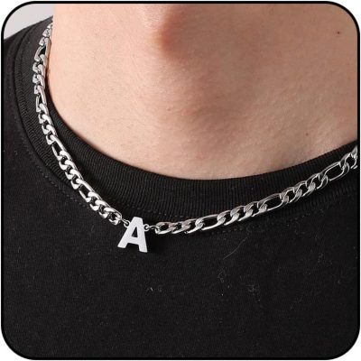 SWIMLANCE Initial A-Z Silver Figaro Link Chain Necklace for Boys Men Women Letter Pendant Stainless Steel 6.5mm 18+2 Inches Jewelry Gift