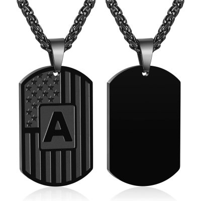 SWIMLANCE Black Initial A-Z Letter Necklace Pendant for Men Boy, Stainless Steel Name Statement Capital Alphabet American Flag Dog Tag Pendent Jewelry 24In Chain Valentine's Day Birthday Christmas Gift
