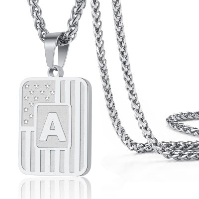 SWIMLANCE Silver Initial Necklaces for Men Boys Women Kid Son Boyfriend Stainless Steel USA American Flag Dog Tag Alphabet Letter Pendant Necklace Birthday Christmas Gift Jewelry 20+2 In Chain