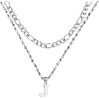 SWIMLANCE 2pcs Boys Men Chain Necklaces,18 Inch Herringbone Link Chain and 20 Inch Cuba Link Chain,Silver A-Z Initial Necklace,Layered Stainless Steel Letter Pendant Necklace Jewelry Gift for Men Boys