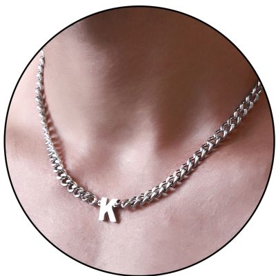 SWIMLANCE Stainless Steel 6.5mm Cuban Curb Link Chain Necklace for Men Boys 18+2 Inches Silver A-Z Initial Necklaces for Men Letter Pendant Chain Husband Son Men Teen Boy Boyfriend Gift Jewelry