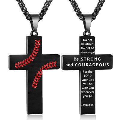 Baseball Cross Necklace for Men Boys Stainless Steel Cross Pendant Chain First Communion Confirmation Religious Christian Jewelry Gift, Inspirational Bible Verse Black Necklaces Stuff Accessory