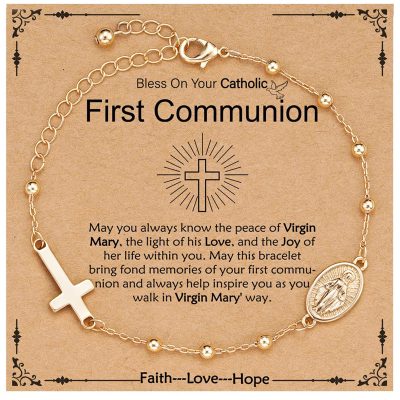 SWIMLANCE Catholic First Communion Confirmation Gifts for Teen Girls,Rosary Beads Virgin Mary Cross Charm Link Adjustable 6-8 Inch Chain Gold Bracelet Religious Baptism Jewelry Gifts for Teenage Girls