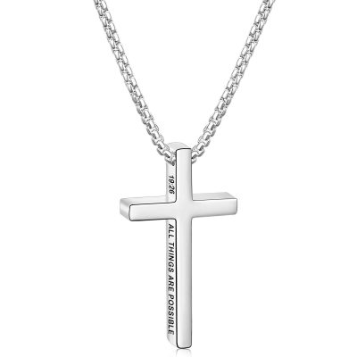 Silver Cross Necklace for Men Women Boys Girls 316L Stainless Steel Bible Verse Psalms 19:26 Cross Pendant Necklace,Baptism First Communion Confirmation Religious Catholic Christian Jewelry Gift