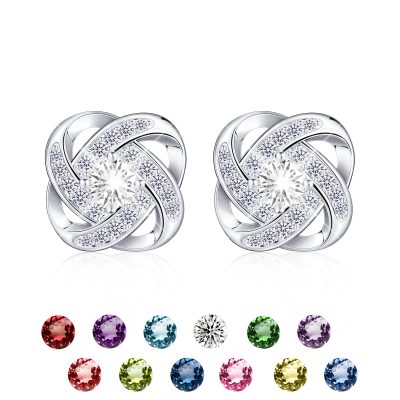 SWIMLANCE 18K White Gold Stud Earrings for Women Girls,Love Knot Stud Earrings,S925 Sterling Silver April Birthstone Earrings with CZ Crystal,Dainty Christmas Stud Earring Jewelry Birthday Gift for Her